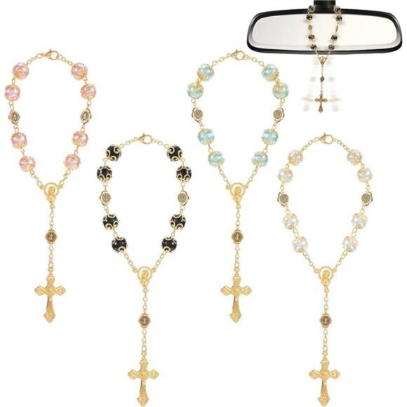 Catholic rosary beads car mirror cross pendant rearview hanging ornament set 4pc - Picture 1 of 8